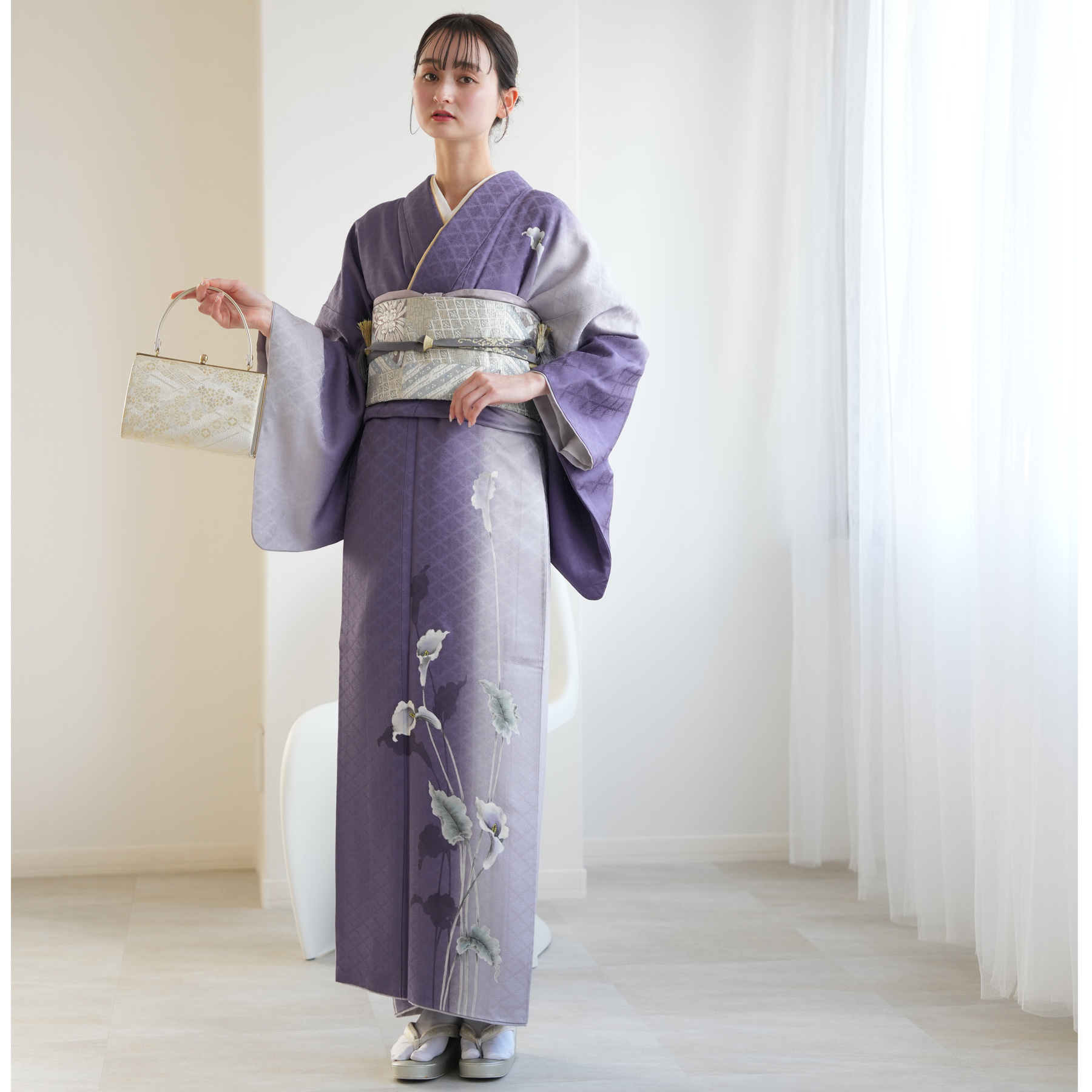 訪問着 レンタル おしゃれ 20点 フルセット 正絹 着物 花 紫系 七五三