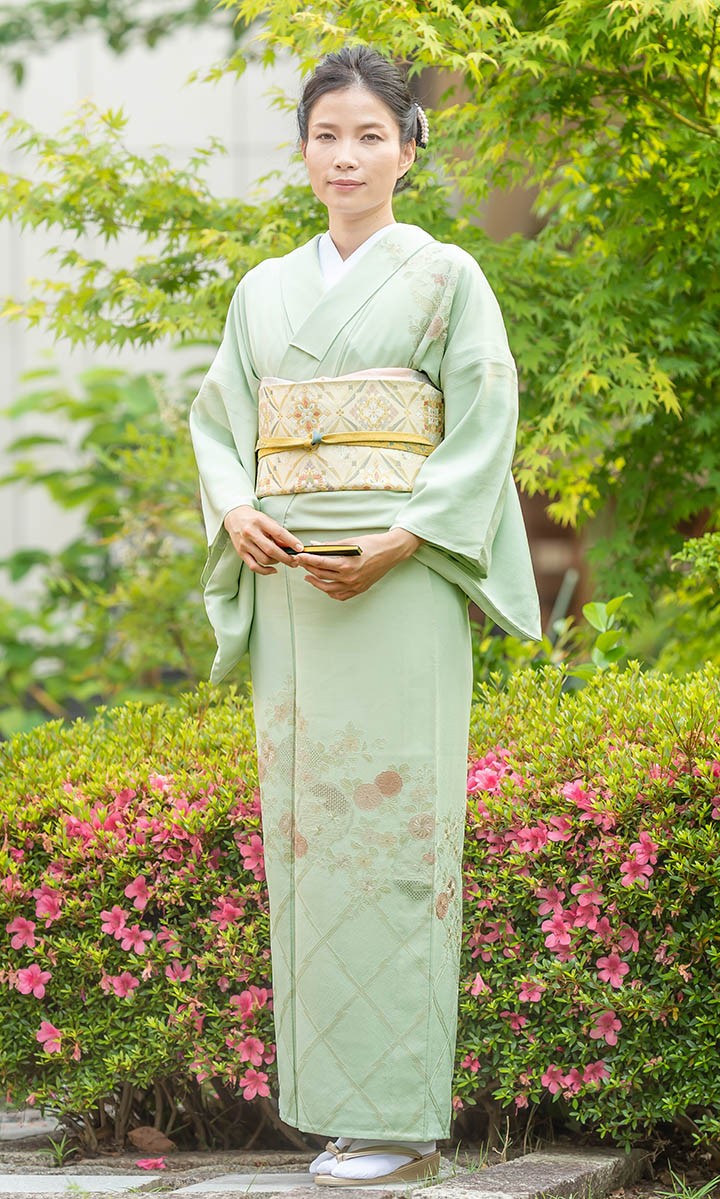 レンタル フルセット 夏用 単衣 訪問着 HEHO-MI067 白緑色 汕頭刺繍