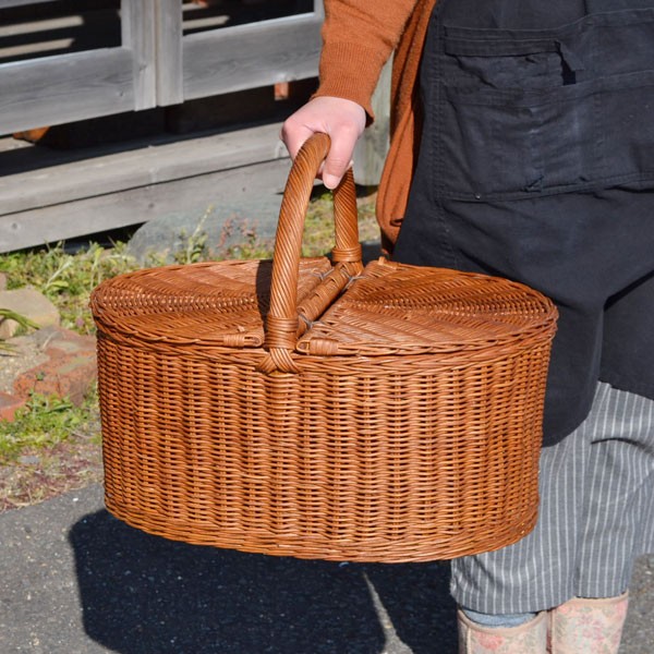 大きなピクニックバスケット ふた付 ラタン 籐かご おしゃれ : ラタン