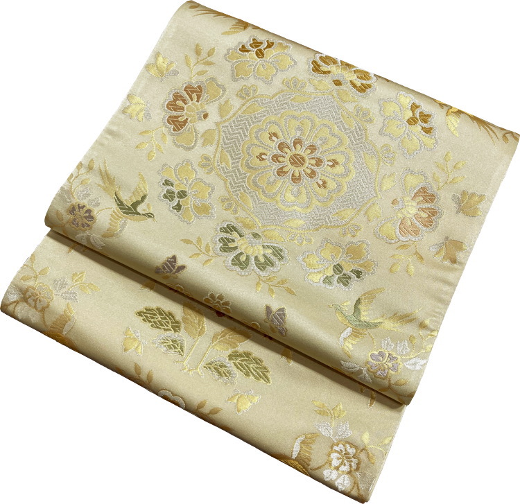 袋帯 箔屋清兵衛 正絹 お仕立代込み 欧亜吉祥文 更紗文様 白茶色