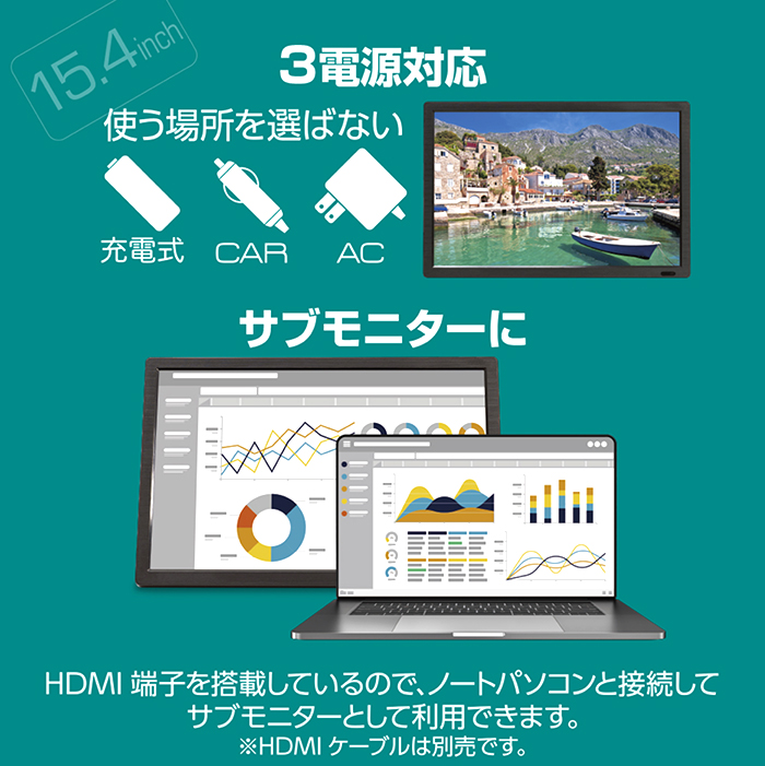 ポータブルテレビ 15.4インチ 3波チューナー搭載 地デジ BS CS 番組