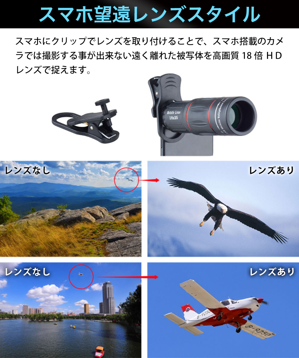 ActyGo スマホレンズ4点セット 高品質HD18X望遠付き ゴリラポッド付き