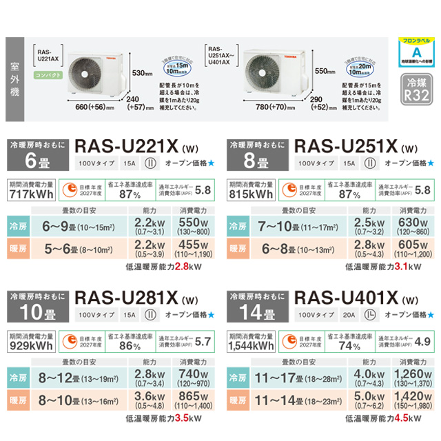 TOSHIBA（東芝） 大清快 U-Xシリーズ ルームエアコン 冷房/暖房：14畳