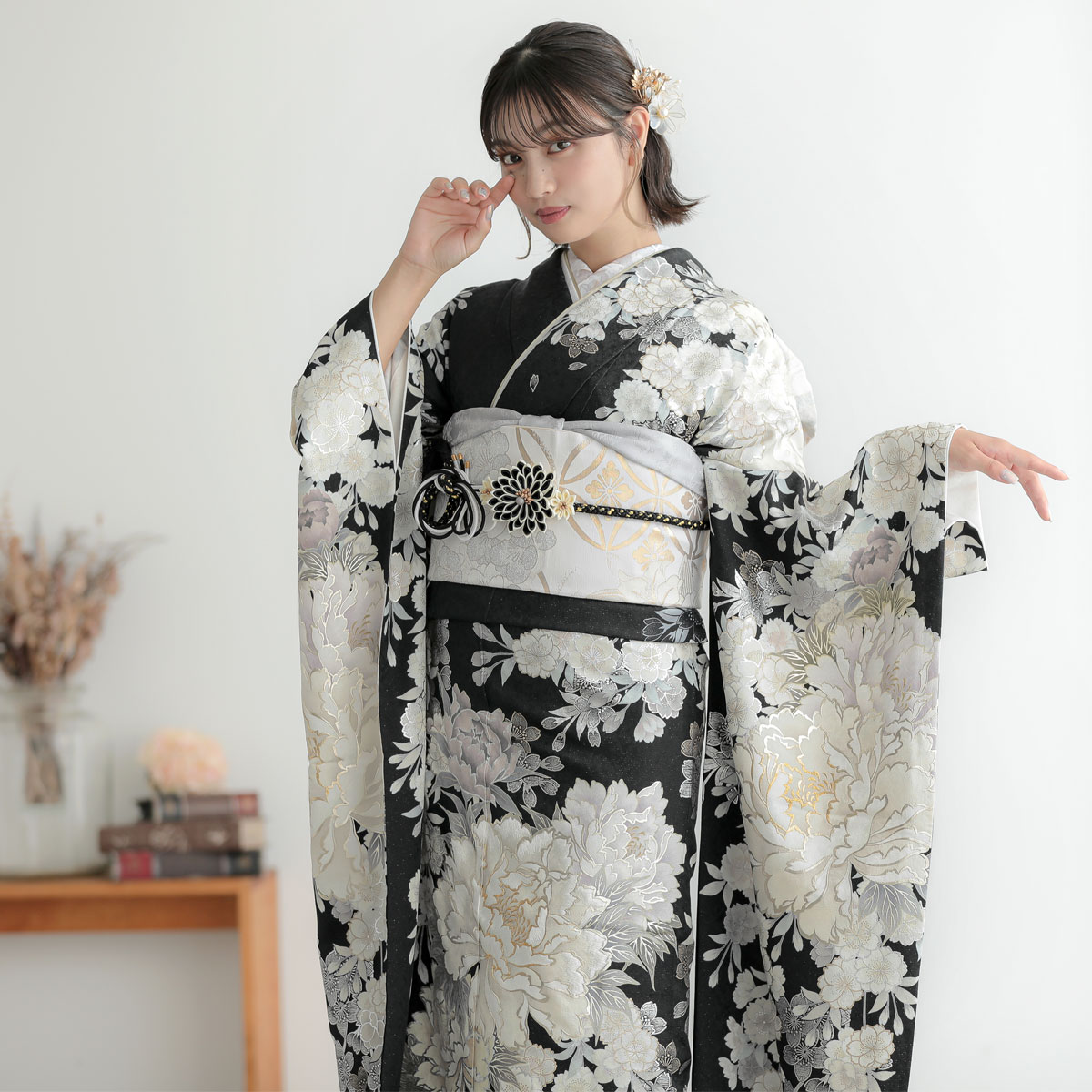 振袖レンタル 黒 牡丹に桜 成人式 結婚式 対応身長154〜165cm 2〜11月