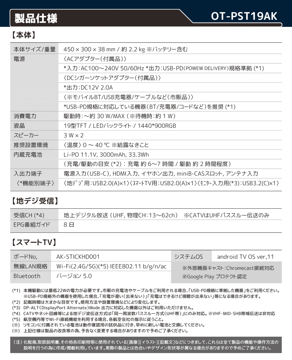 OVER TIME android搭載 19インチポータブルスマートTV OT-PST19AK