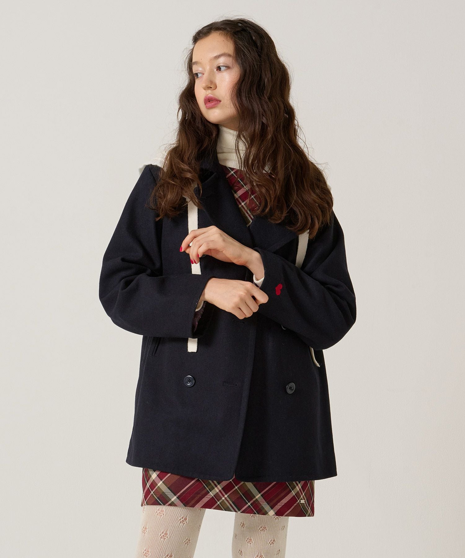 ハート刺繍 ウールミックス ピーコート TINA：JOJUN 全1色｜tnj141