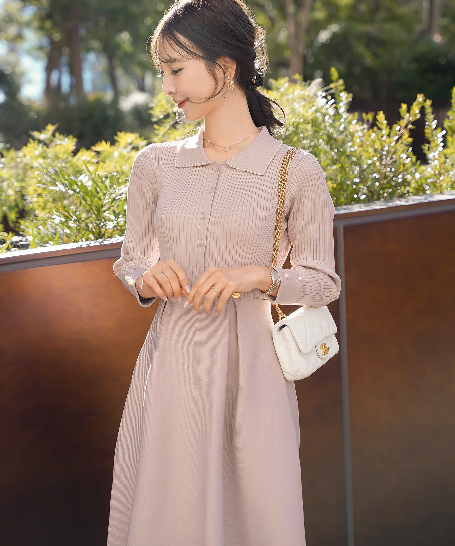 パールトリム 襟付き ニット ワンピース le reve vaniller 全6色