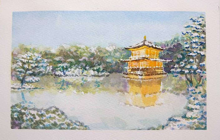 水彩＋ホワイトを使って描く京都の雪景色 | 京都 二条城前 水彩画教室