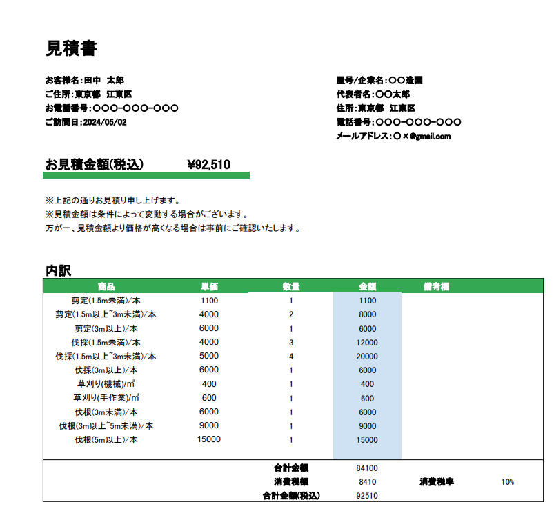 植木屋(剪定・伐採・草刈り)・造園業者のための見積書・書き方！【無料
