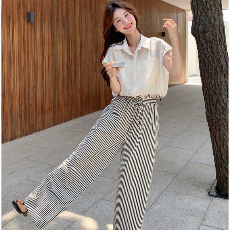 ブラウ×ストライプワイドパンツセット(白・黒) 春/夏 スタイリッシュな