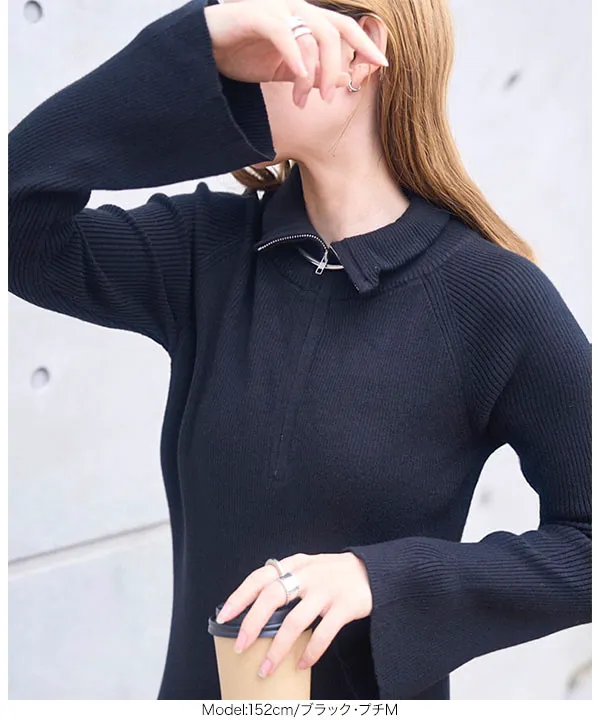 フレアスリーブハーフジップニットワンピース [E3406] | SALE