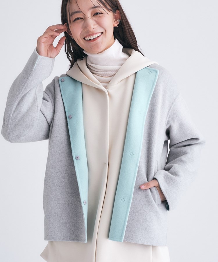 配色デザイン／ショート丈】ウールリバー ノーカラーコート（ノー