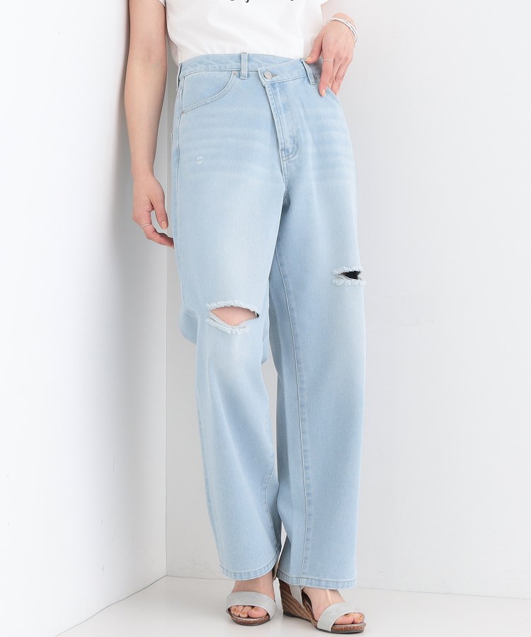 洗える/S-LL】アシメウエスト ダメージデニム（デニムパンツ） | SHOO