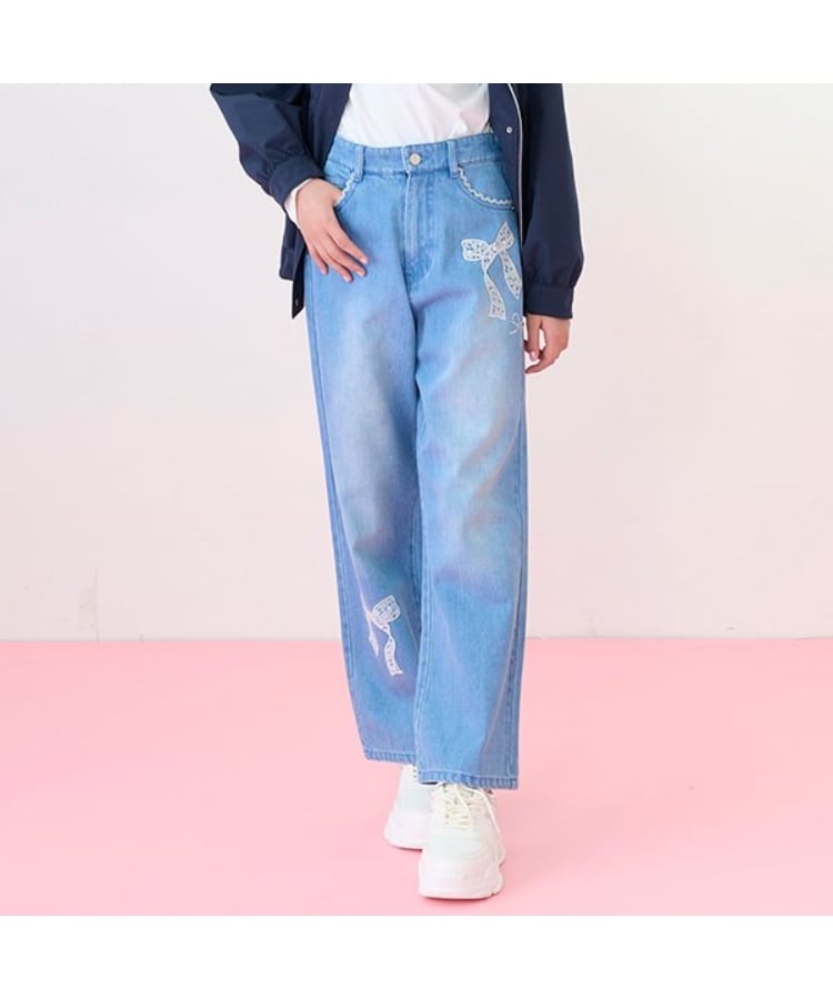 ニコ☆プチ掲載】レースアップリケ美脚ルーズストレートデニムパンツ