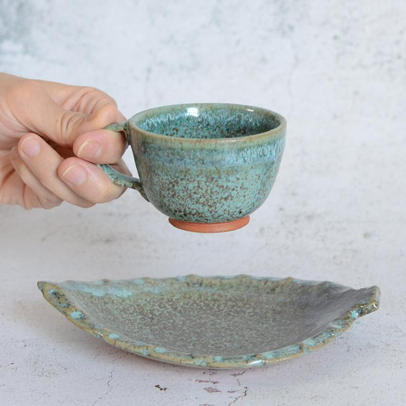 梅里窯 デミタスカップ＆ソーサー 2点セット (瑠璃唐津, 碧緑唐津