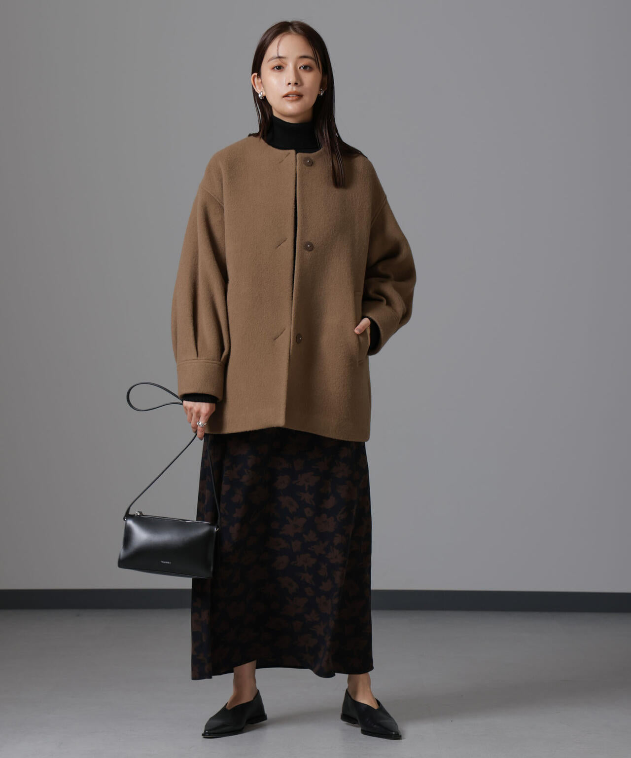 PECOLAMB ウール カシミヤ ノーカラー ミドル丈コート