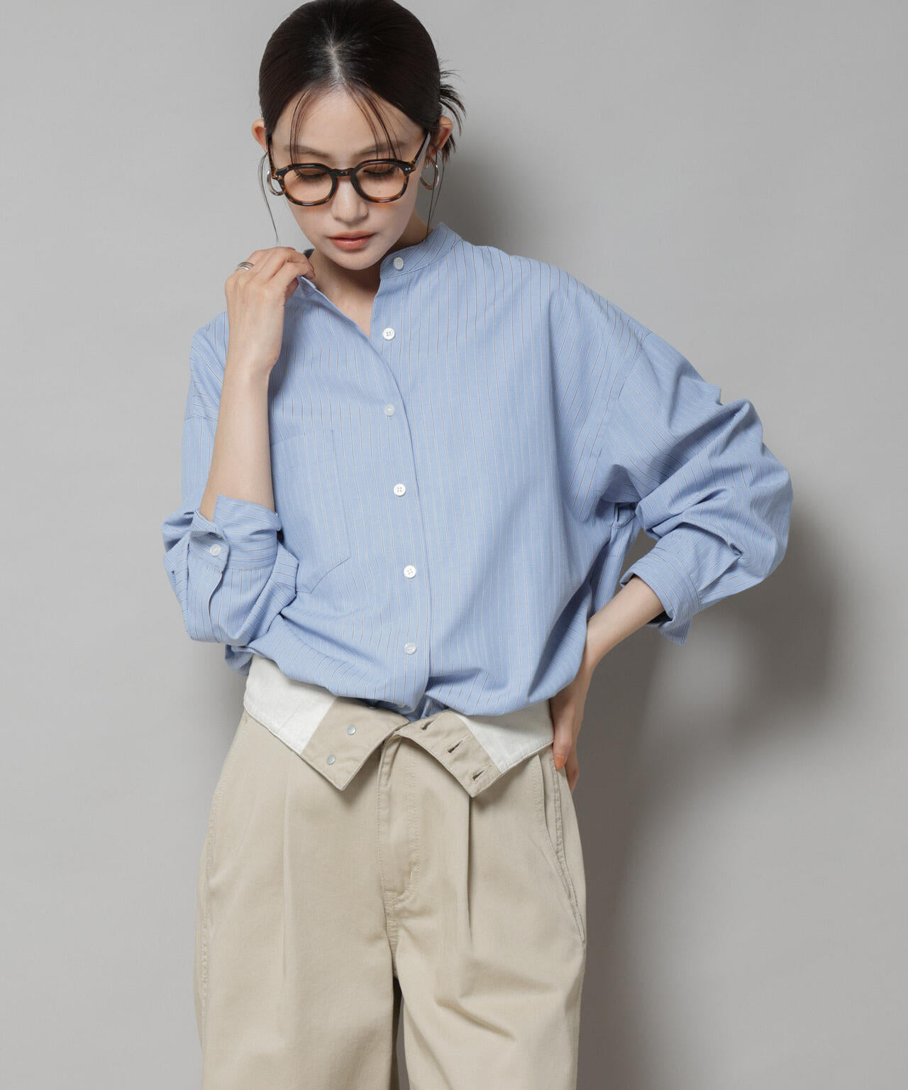 スタンドカラー ストライプ シャツ