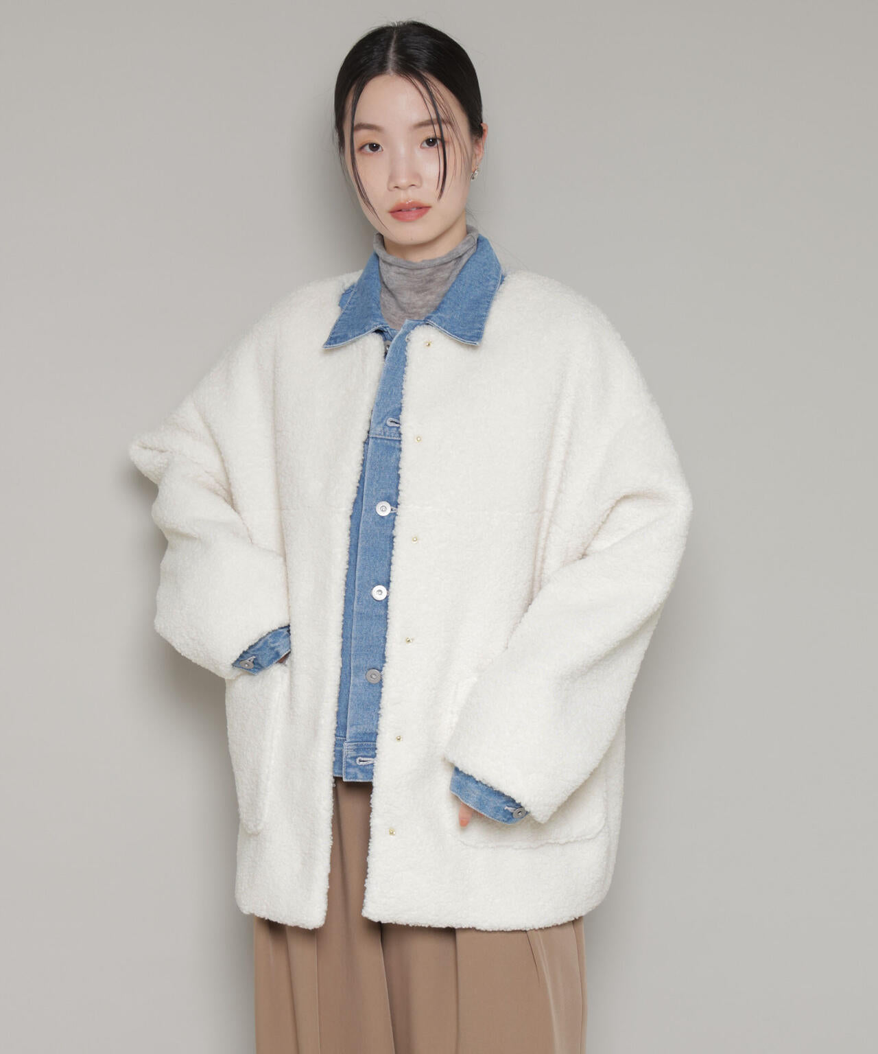 ソフト ボア ノーカラー ミドルコート