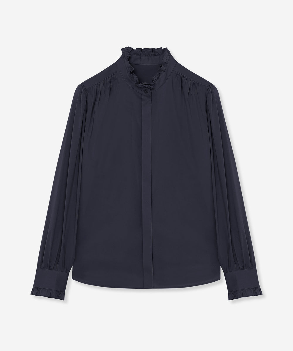 コットンナイロンストレッチスタンドカラーブラウス(トップス