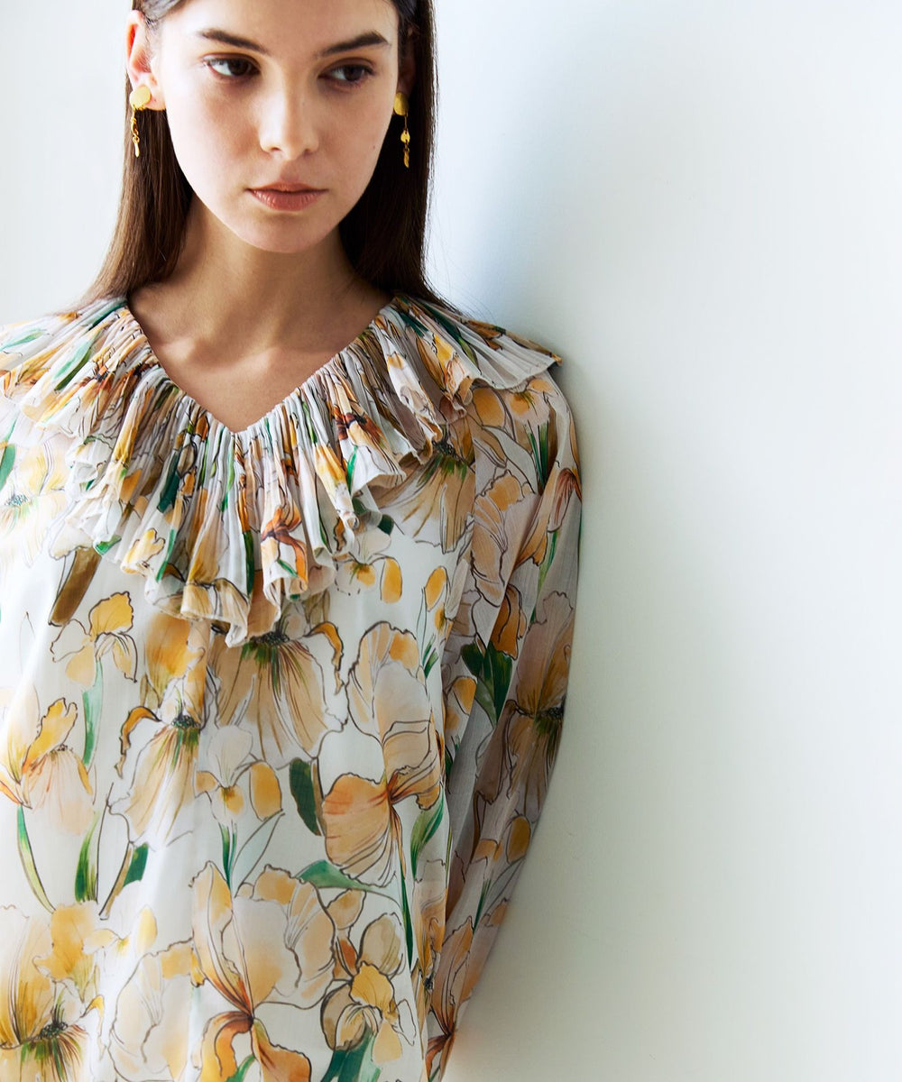 ウォーターカラーフラワープリント ラッフルブラウス(トップス)｜EPOCA