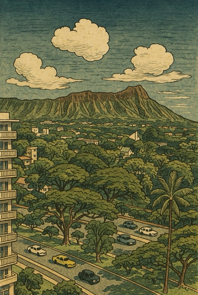 ダイヤモンドヘッド浮世絵風 | ハワイに住みたい