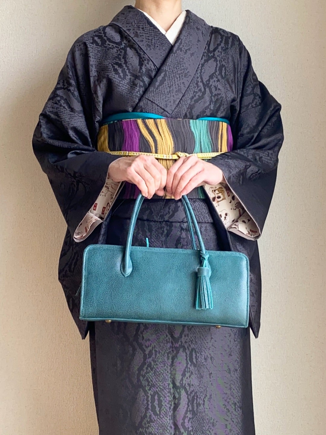 美品 本革 利休バッグ 和装バッグ レザー 青緑 ピーコックグリーン