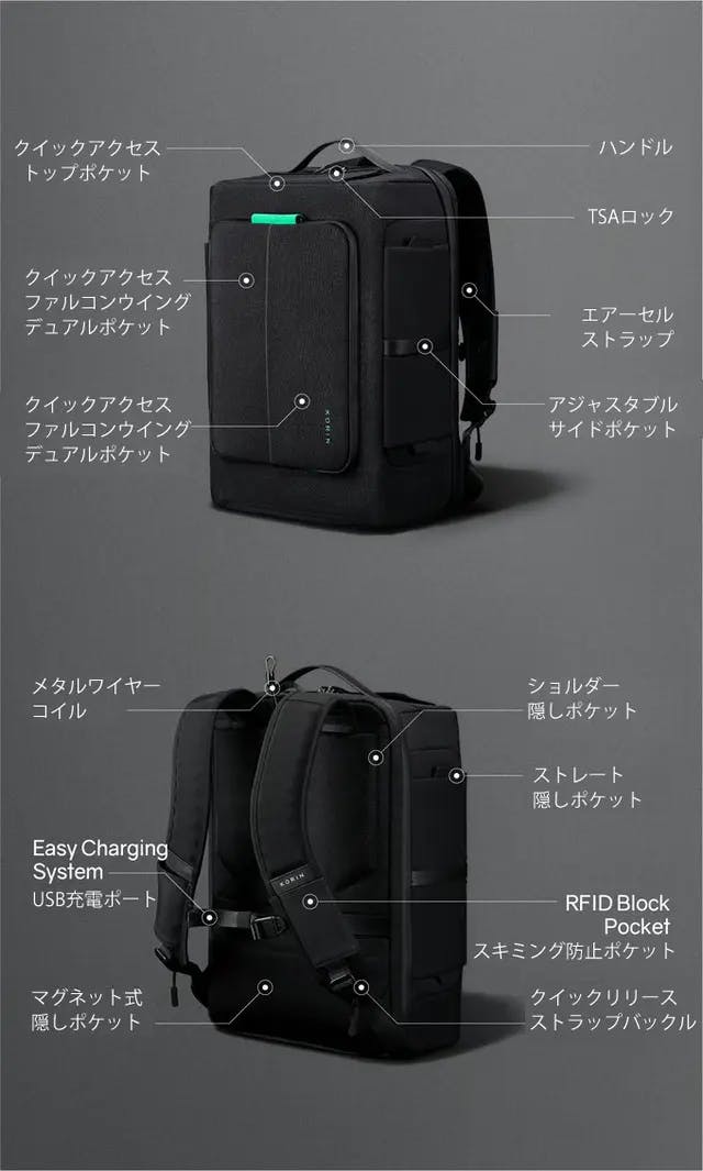 33のポケットに定位置収納可能、正面は観音開きポケット。防刃・盗難