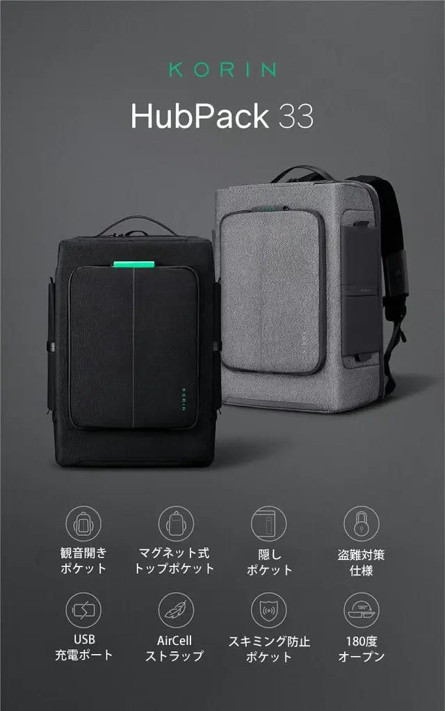 33のポケットに定位置収納可能、正面は観音開きポケット。防刃・盗難