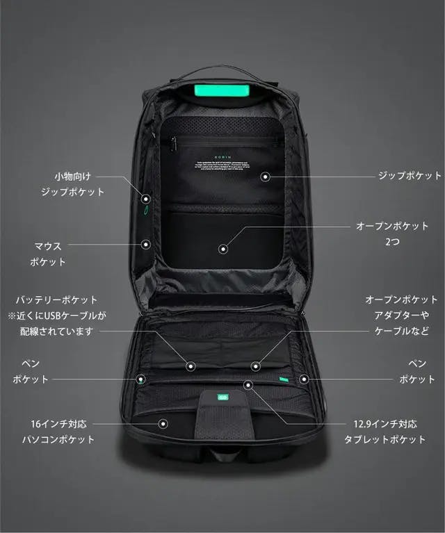 33のポケットに定位置収納可能、正面は観音開きポケット。防刃・盗難