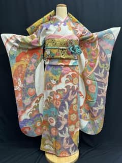 藤娘きぬたや 総絞り 白地 波鶴橘 小紋バック振袖 長襦袢2点セット