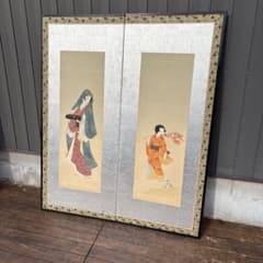 昭和レトロ 日本画 美人画 二曲屏風 白洋 落款あり 衝立 日本画家 白洋