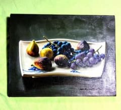 横浜市出身の洋画家川島実の【扇形皿の静物】（果物の静物画 ）、川島