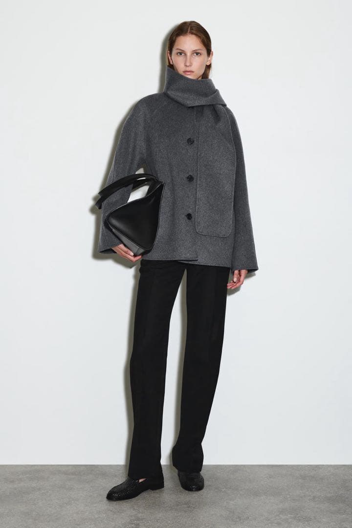 完売】COS 2025ダブルフェイス ウール スカーフコートグレー XXS