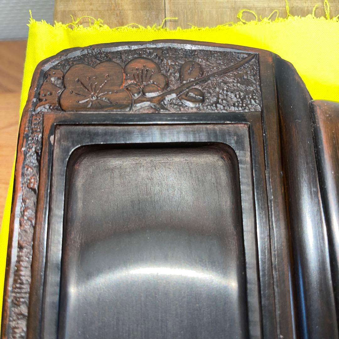 ⭕️赤間硯 共蓋付梅花彫刻硯 阿野硯製作所 龍泉作 美品 墨持ち良い