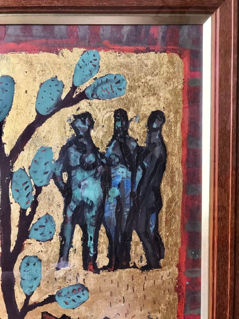 真作上野泰郎油絵油彩画木の下の人々金地キリスト教額装サイン入り