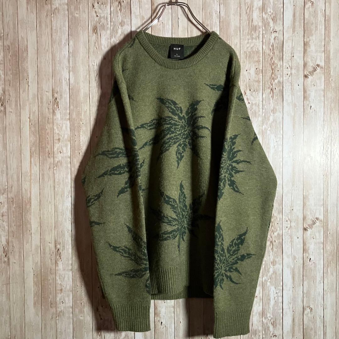 304【美品】HUF ハフ ニットセーター マリファナ柄 大麻柄 カーキ L