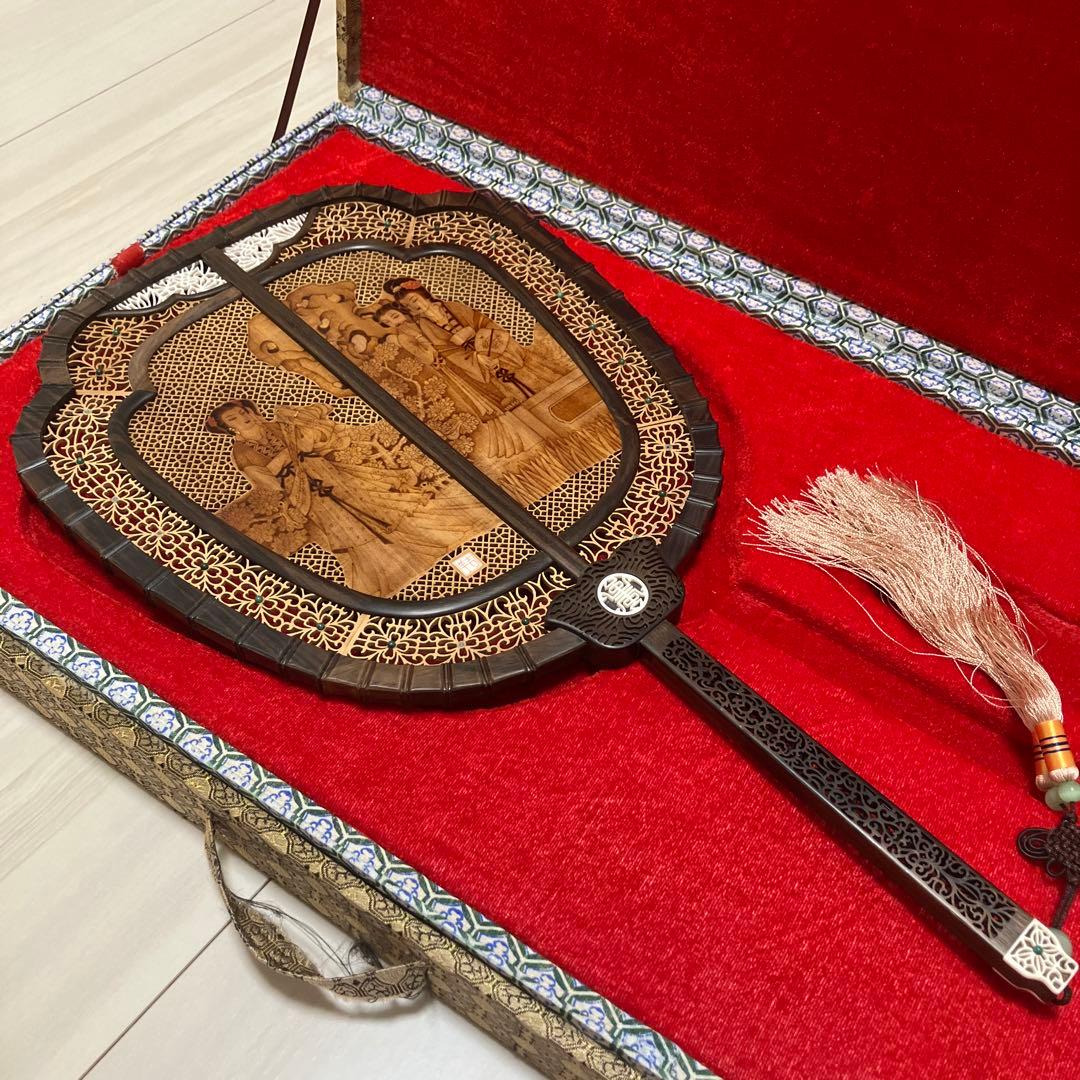 中国美術 唐木造 白檀透彫刻 翡翠 軍配型硯屏 団扇 唐物？