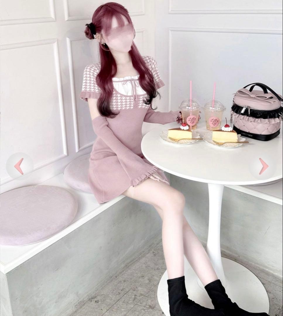 HONEYMEW アームカバー付き千鳥柄ワンピ ピンク - メルカリ