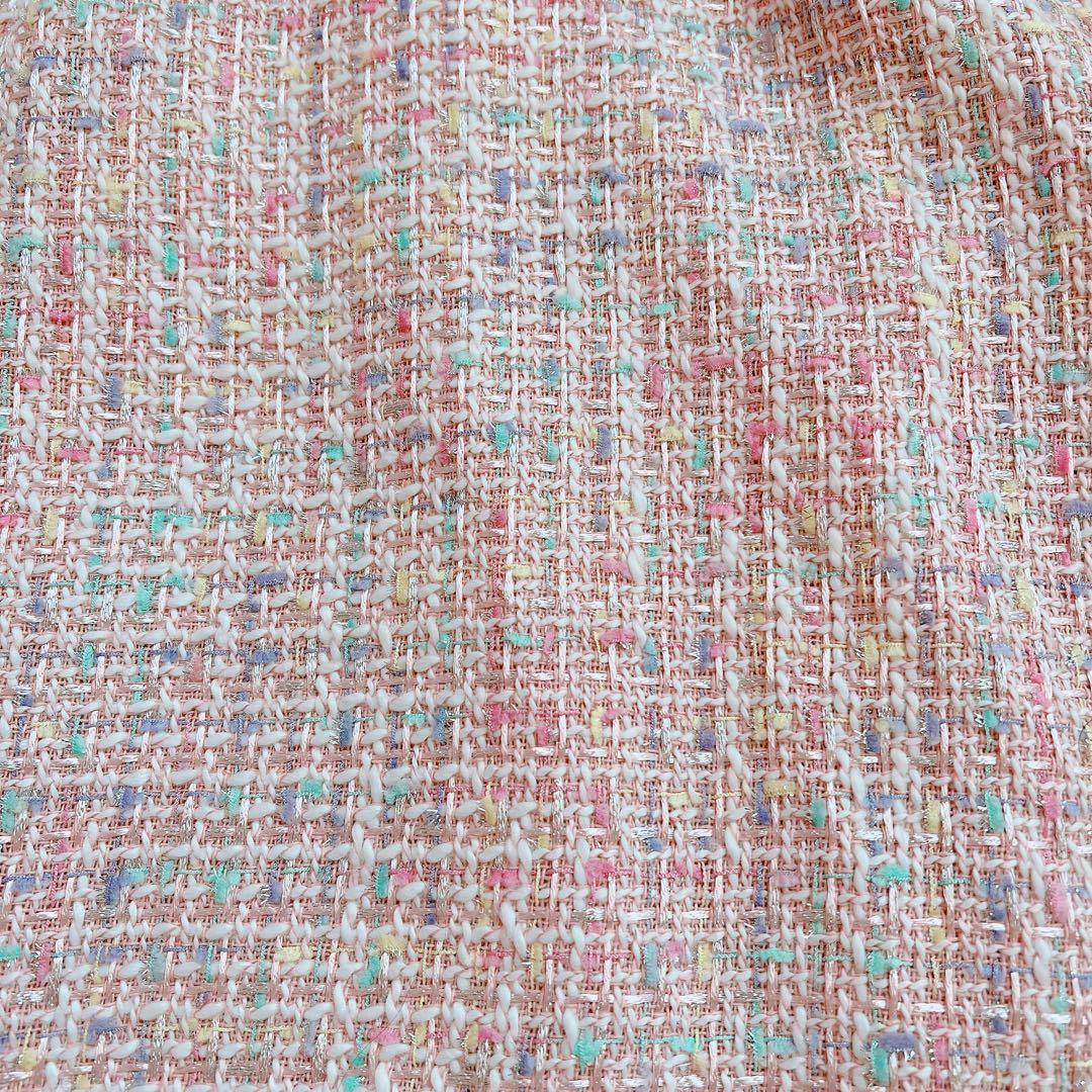 areeam ピンク系ミックスツイード長袖マキシワンピース 異素材 ベルト