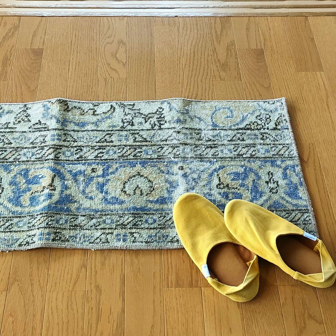 トルコ ヴィンテージラグ イエロー×ブルー 83×43cm - メルカリ