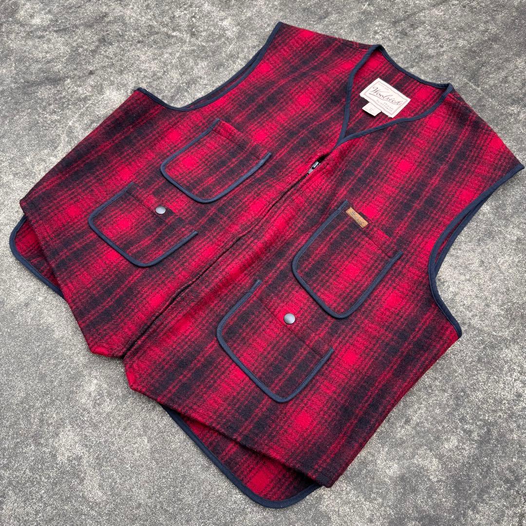 ウールリッチ 90´s ウールベスト シャドーチェック 赤 黒 XL 肉厚 極暖