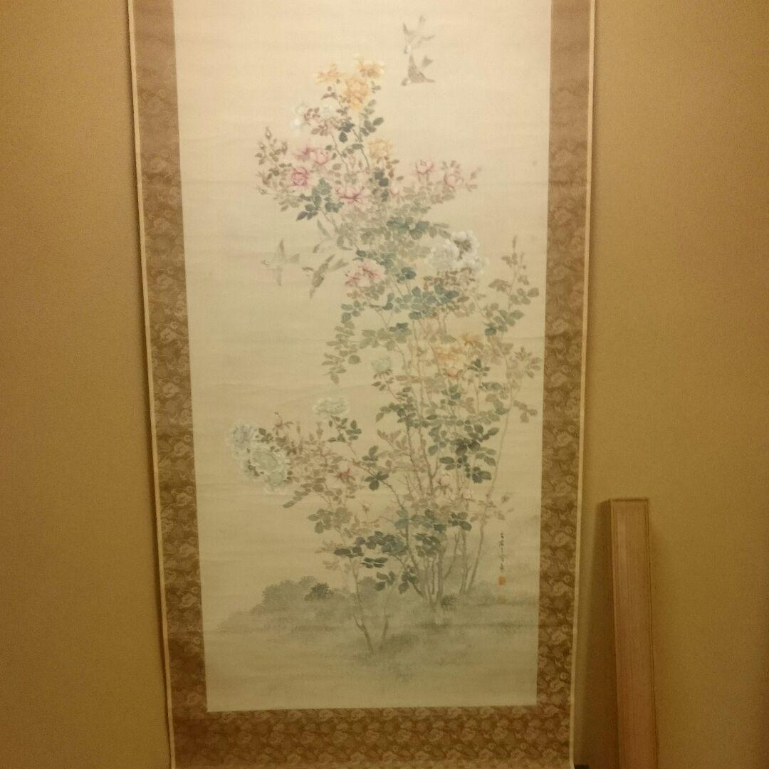 真作】 名品 2尺大幅 掛け軸「薔薇と雀の図」藤田苔石 - メルカリ