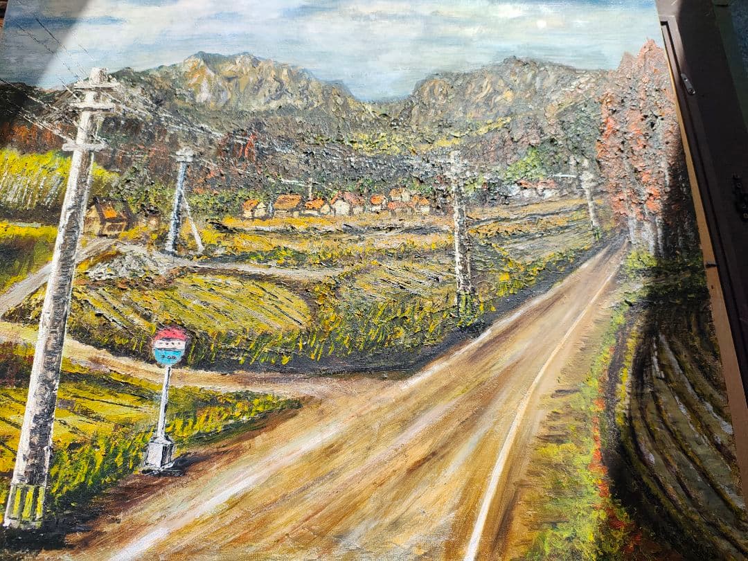 F12号】大型 油絵 風景画 額縁入り バス停 山道 アンティーク 肉筆