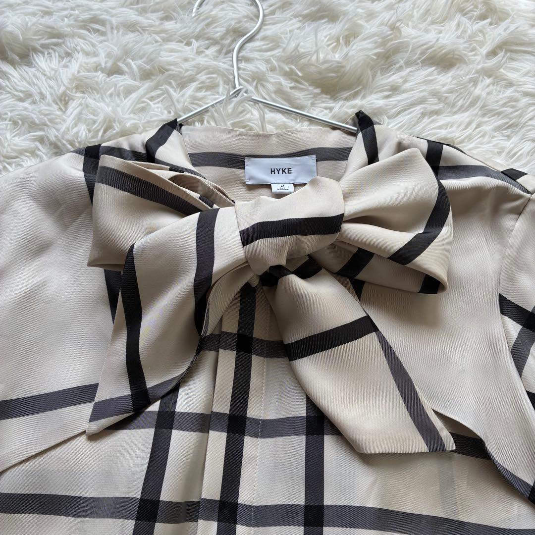 美品✨HYKE ハイク ボウタイブラウス サイズ2 ベージュ チェック柄