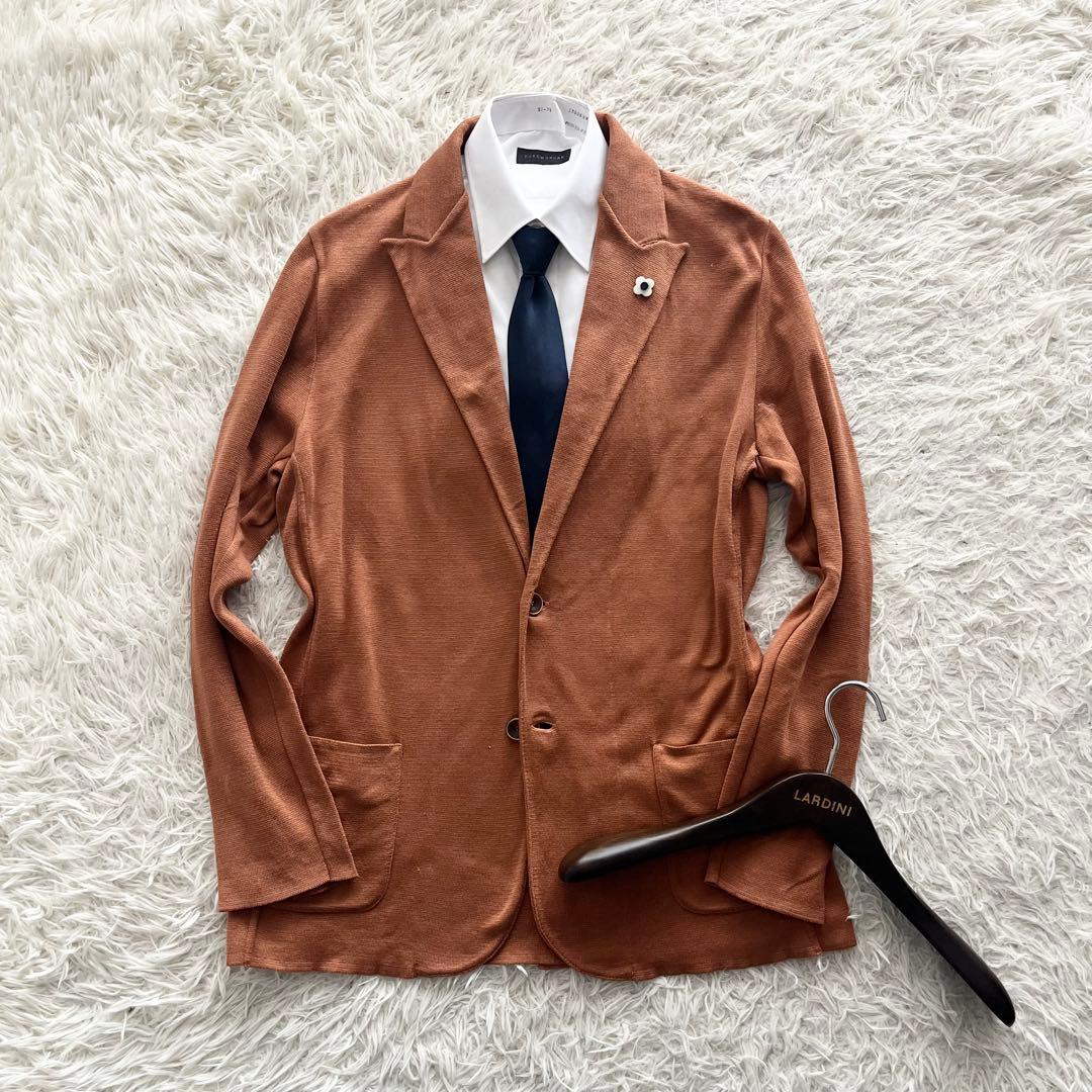 <美品> LARDINI オレンジ コットン ニットジャケット サイズXL 美品】LARDINI ラルディーニ カーディガン 麻 オレンジ系 48 メンズ