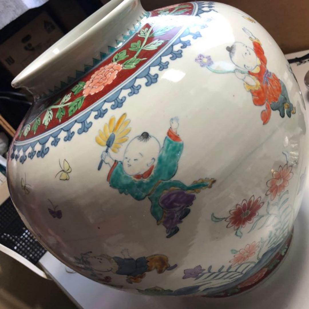 五代佐藤走波染錦唐子遊図つぼ 心和む優しい色使い 高さ約36.5cm約7.2