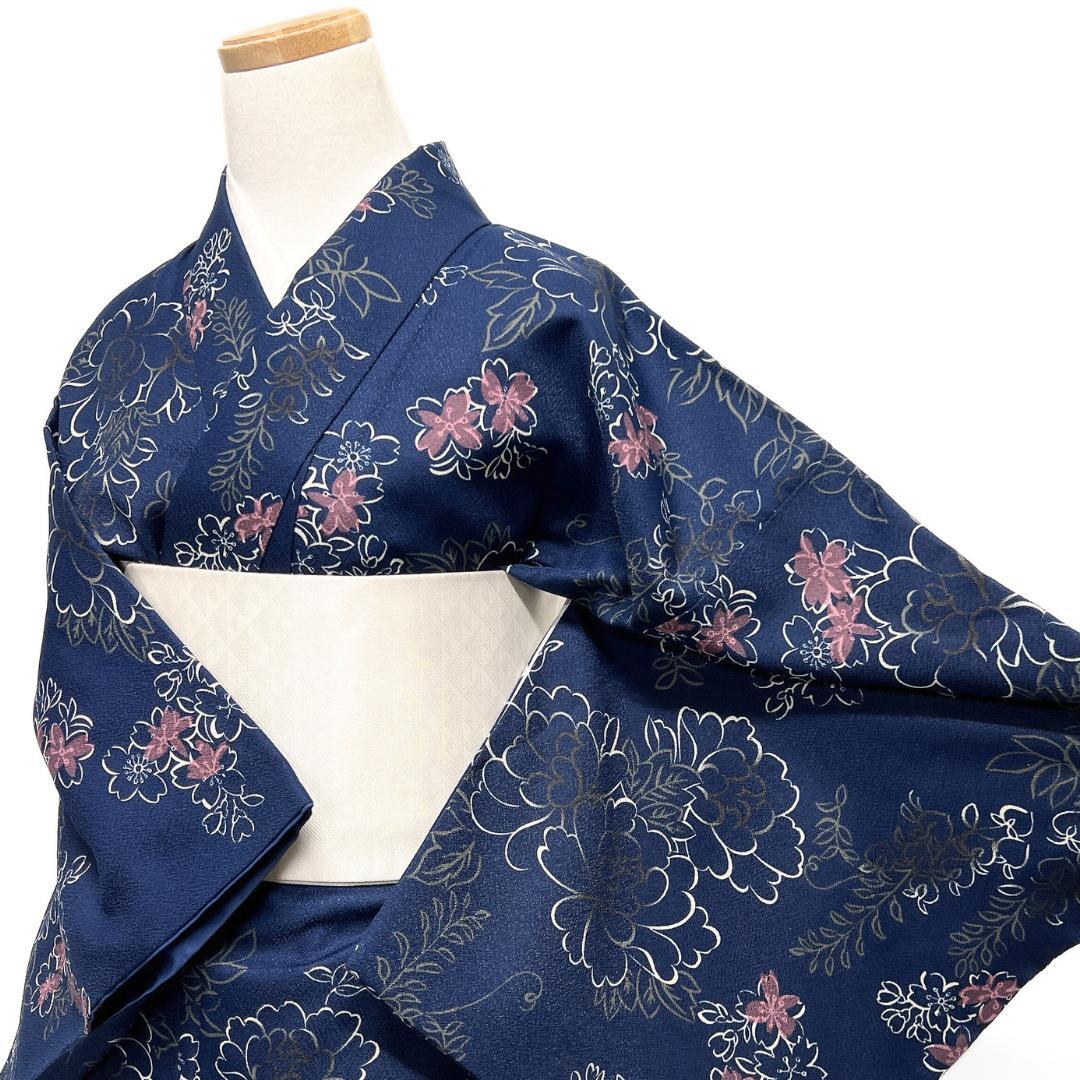 小紋　洗える着物　牡丹　桜　藤　橘　ネイビー　着物　122b d ms お仕立済み・袷】ヒロミチナカノ 洗える着物（M・L） AK02 洗える小紋