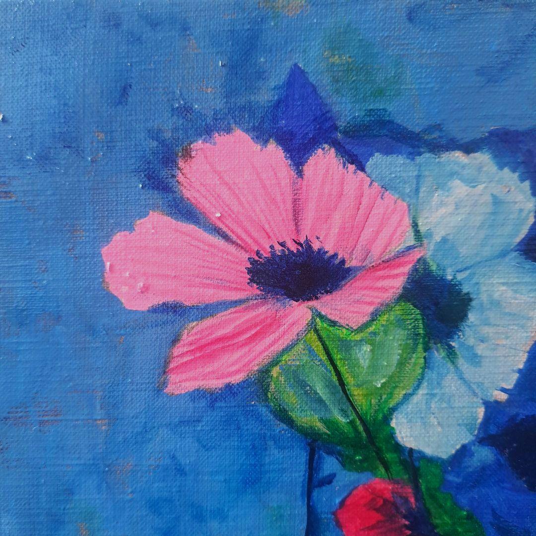 キャンバス油絵 専用 青い背景のコップに入れた野のお花 抽象静物画