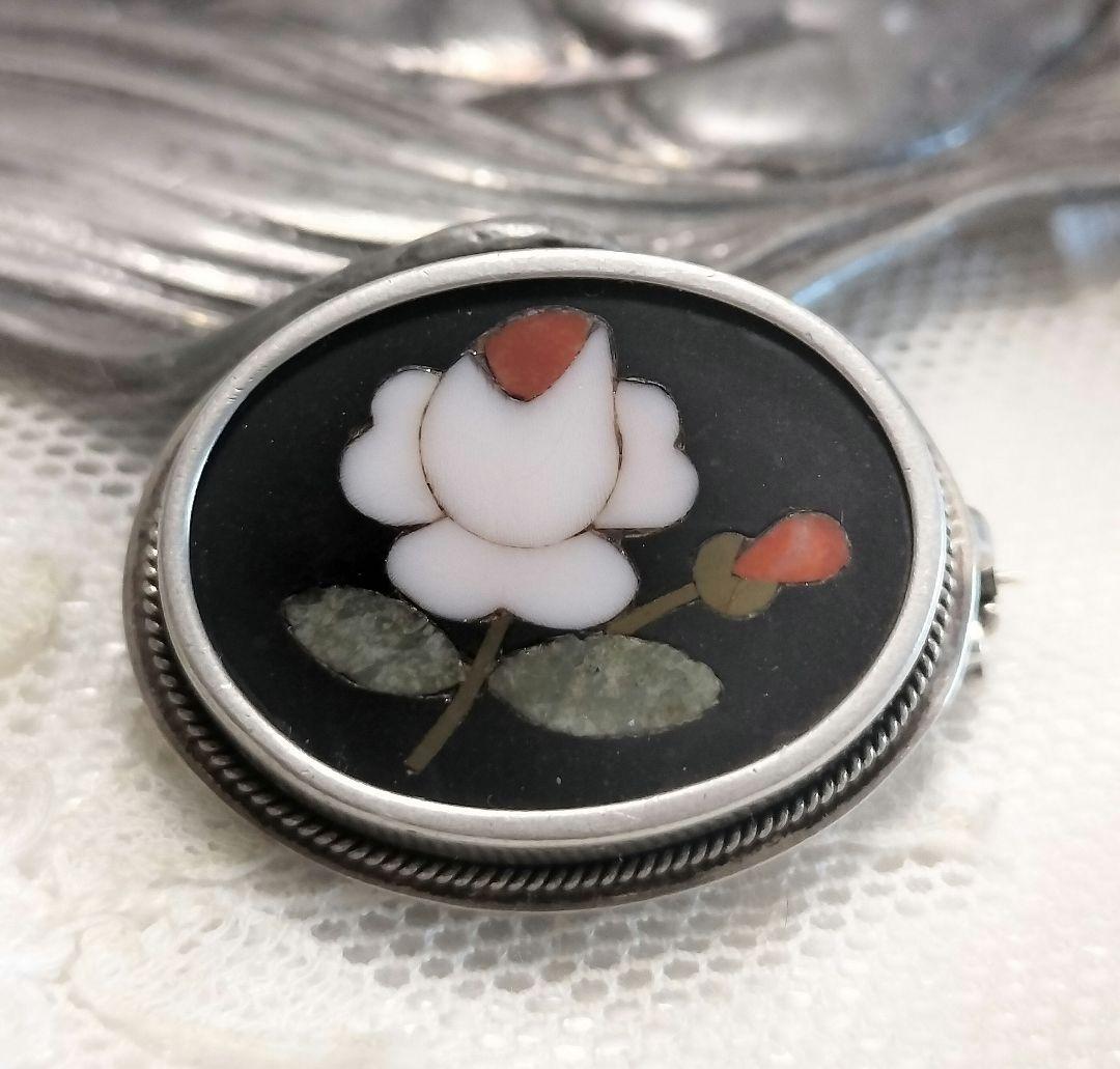 Pietra Dura フローレンスモザイクブローチ インレイアンティーク800 silver800 スミレの花 フローレンスモザイク ピエトラドュラ