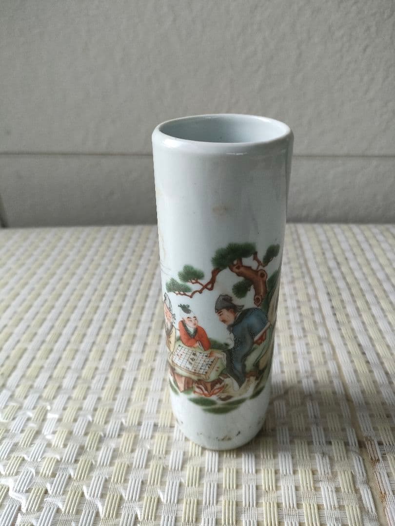 ○中国美術 人物文 陶磁 筆筒 朱印款 古陶磁 景徳鎮風 文人